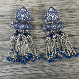 Beaded Indian Blue Tassel Earrings